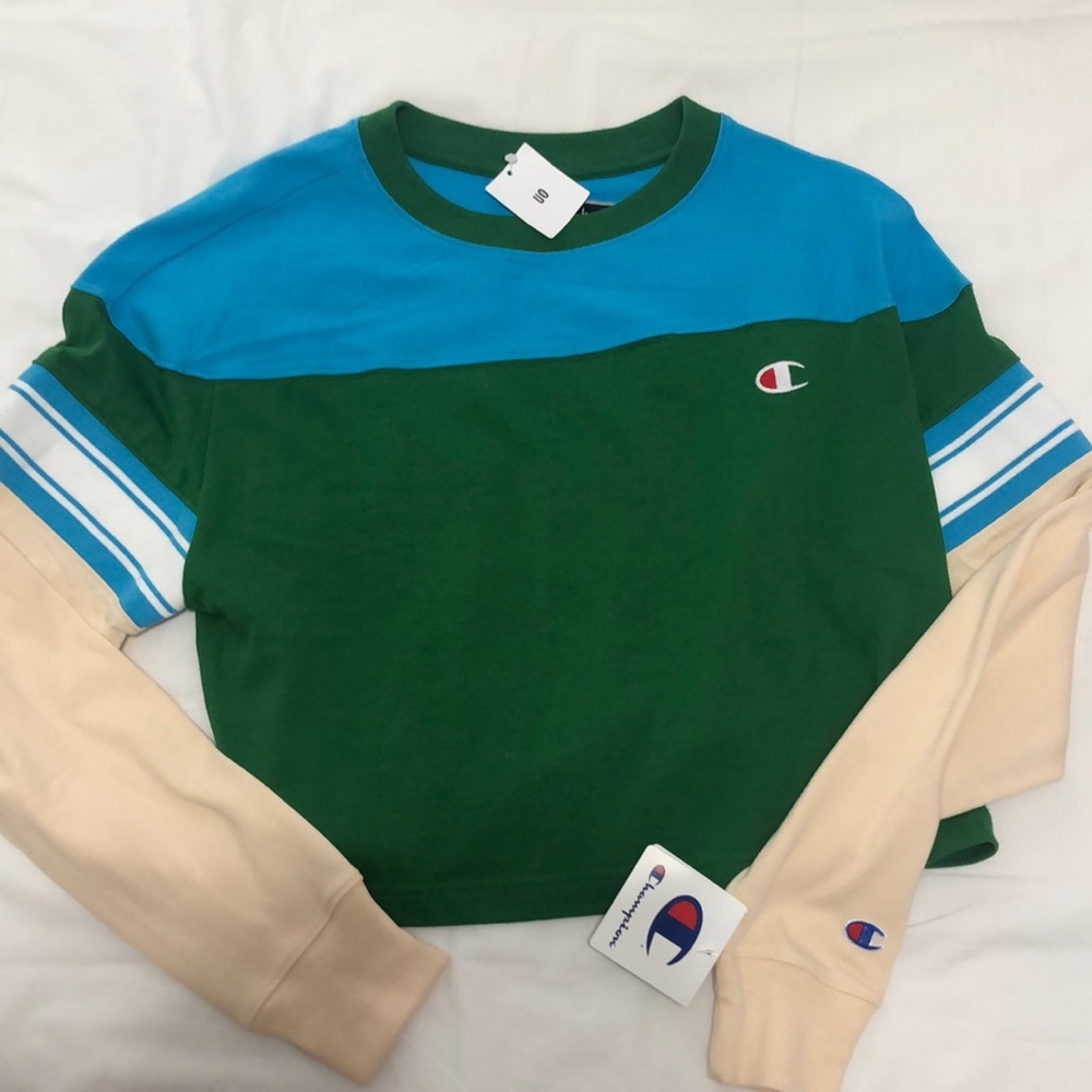 Champion Colorblock Green Blue Cream Cropped Sweatshirt